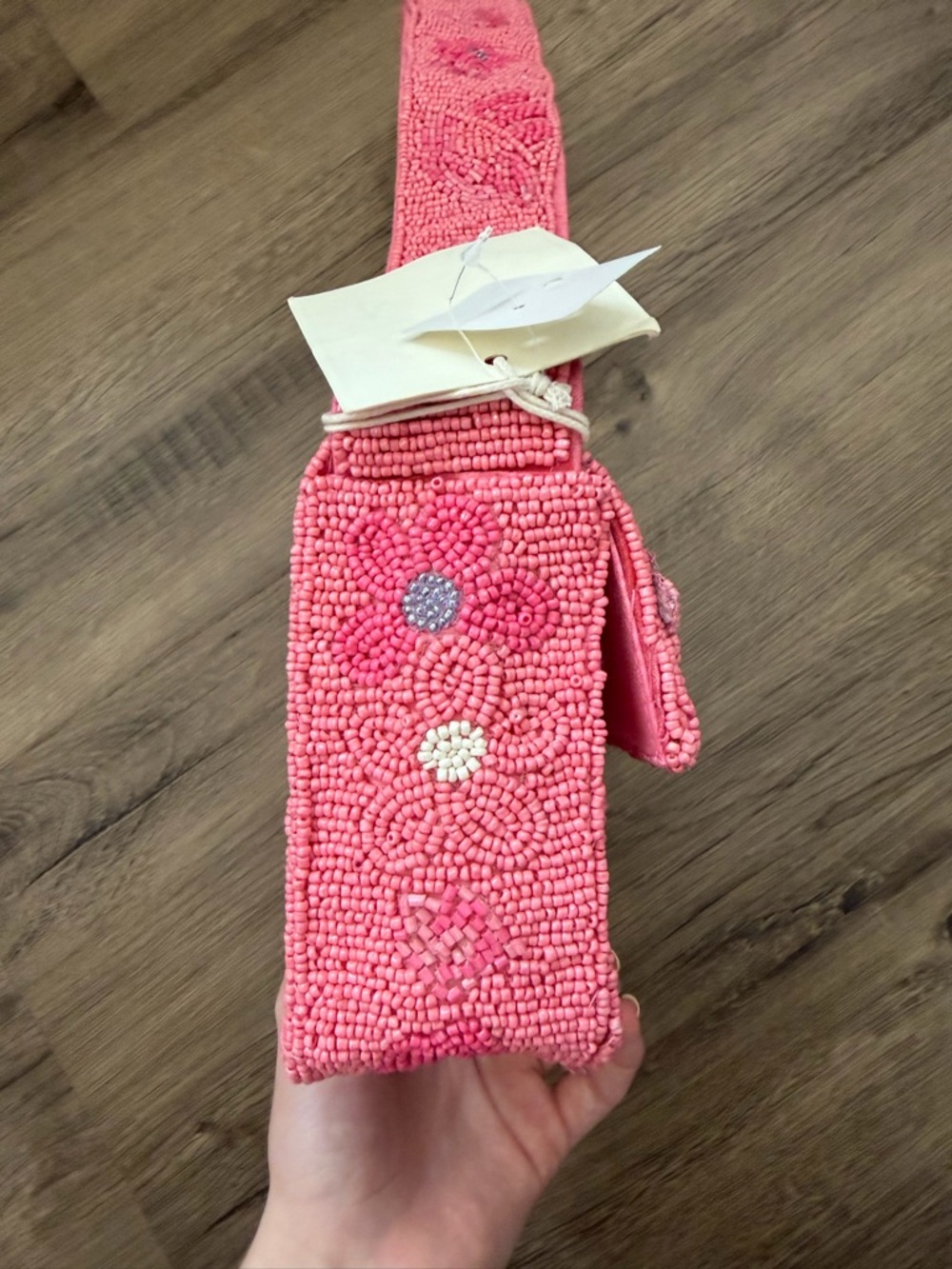 Pink Beaded Floral Shoulder Bag with Wide Strap - Picture 5 of 9